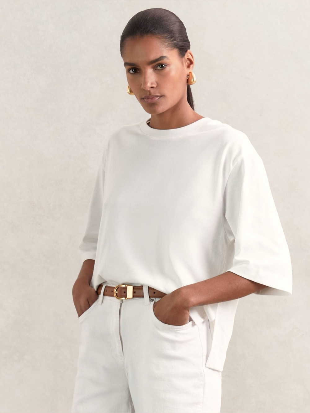 Reiss Oversized White Cotton Crew Neck Tee